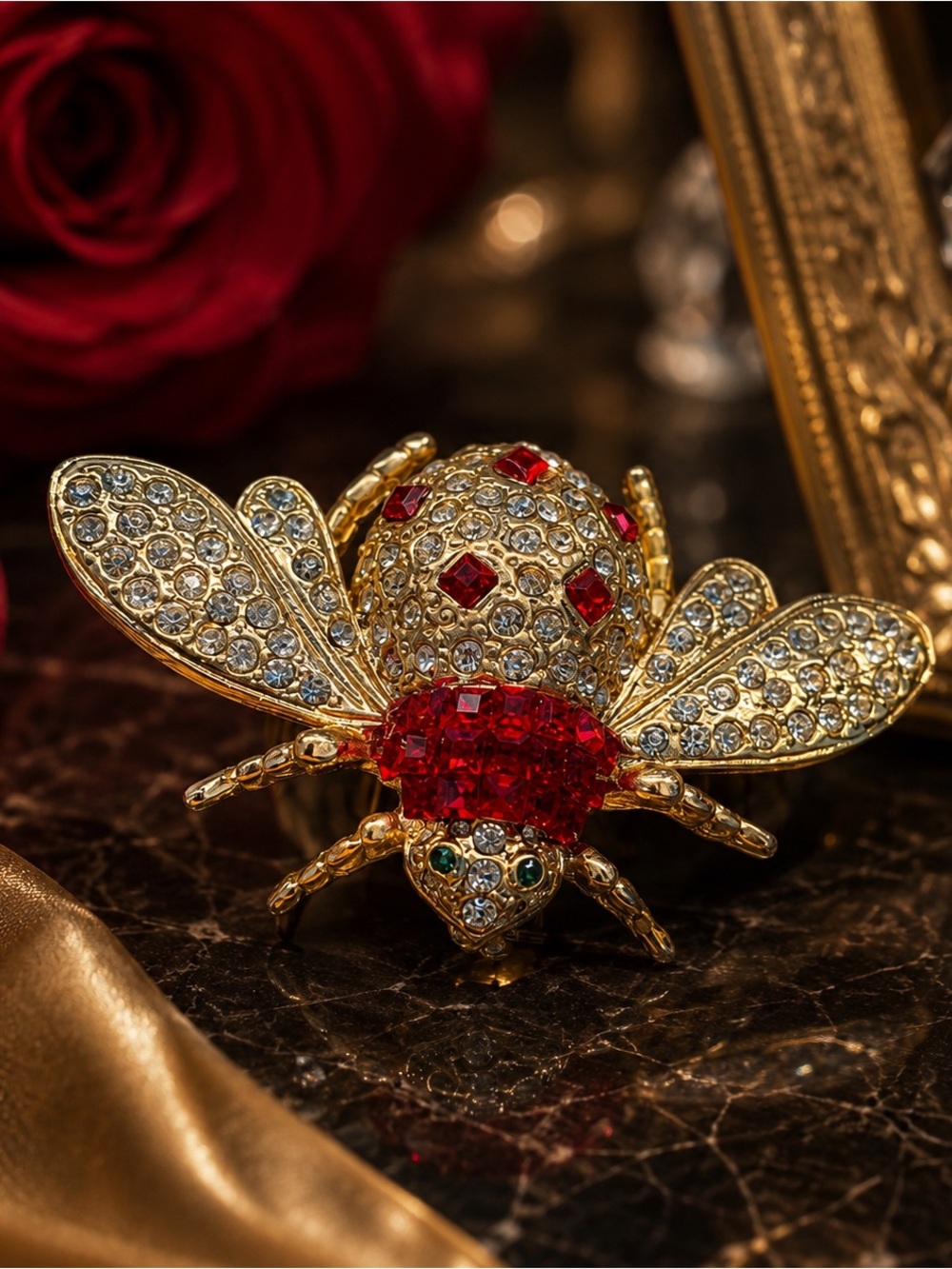 Gold-tone Bee Brooch with Red Crystal Accents
